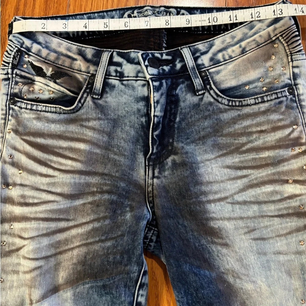 RARE * ROBIN’S JEANS MOTORCYCLE MOTO ACID WASH STUDDED JEANS * Cut 606966 * Y2K - Picture 12 of 17